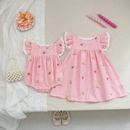 2026 New Summer 2-6Yrs Princess Dress Striped Cute Sweet Baby Girl Pink Round Neck Dress Flying Sleeve Cotton Embroidery Dress