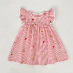 2026 New Summer 2-6Yrs Princess Dress Striped Cute Sweet Baby Girl Pink Round Neck Dress Flying Sleeve Cotton Embroidery Dress