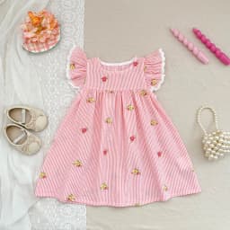 2026 New Summer 2-6Yrs Princess Dress Striped Cute Sweet Baby Girl Pink Round Neck Dress Flying Sleeve Cotton Embroidery Dress
