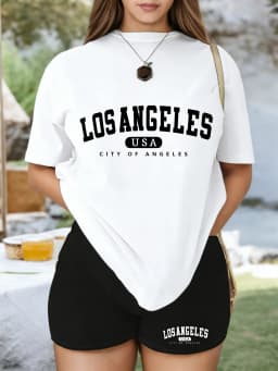 Printed two-piece set, women's casual round-neck short-sleeved t-shirt and shorts summer clothing for women