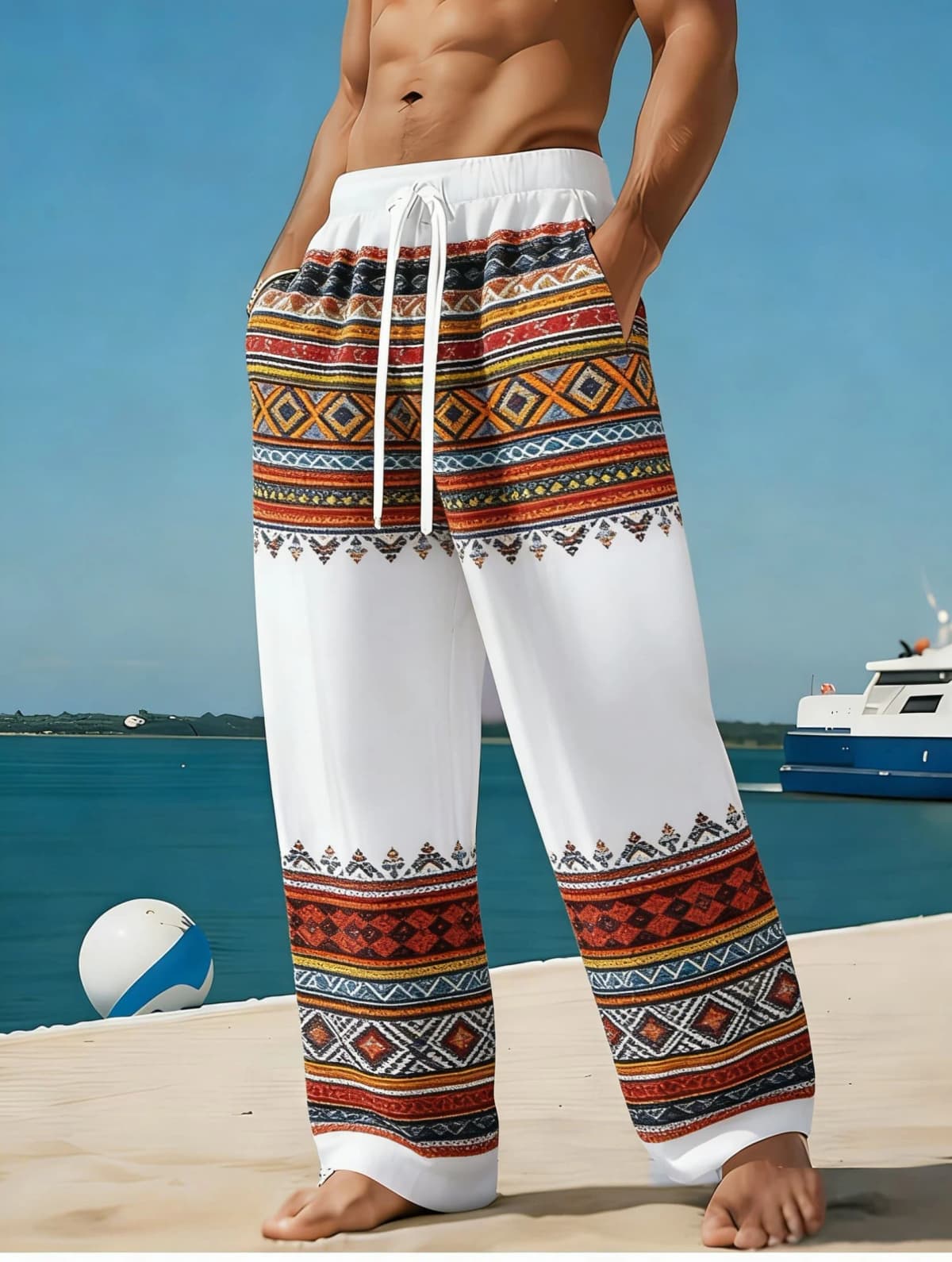 Men's Ethnic Geometric Stripe Patchwork Casual Pants, Spring Summer Beach Vacation Loose Straight Trousers, Drawstring Waist