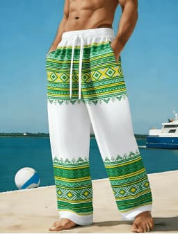 Men's Ethnic Geometric Stripe Patchwork Casual Pants, Spring Summer Beach Vacation Loose Straight Trousers, Drawstring Waist