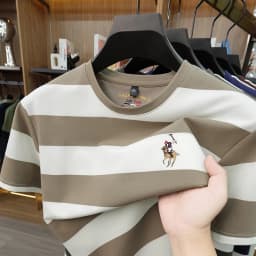 Striped Round Neck Short Sleeved T-shirt for Men's Summer Casual Loose Breathable Top Embroidered Men's Base T-shirt