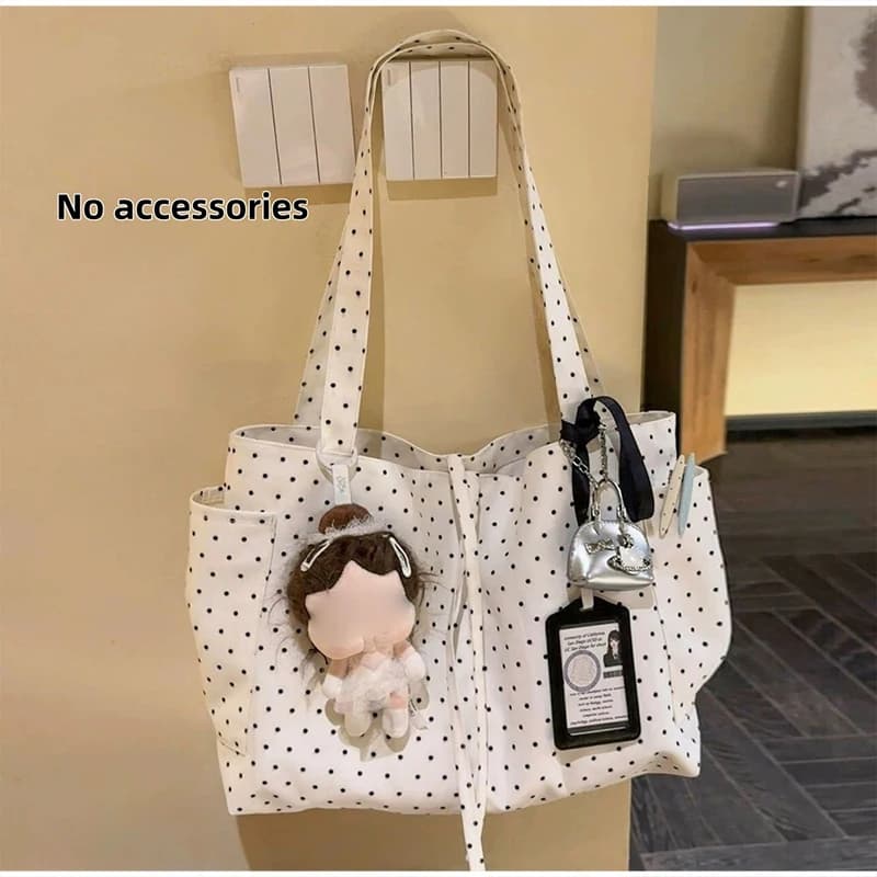 Polka Dot Canvas Tote Bag Large Capacity Shoulder Bag With Side Pockets Casual Daily Bag Women School And Work Commute Handbag