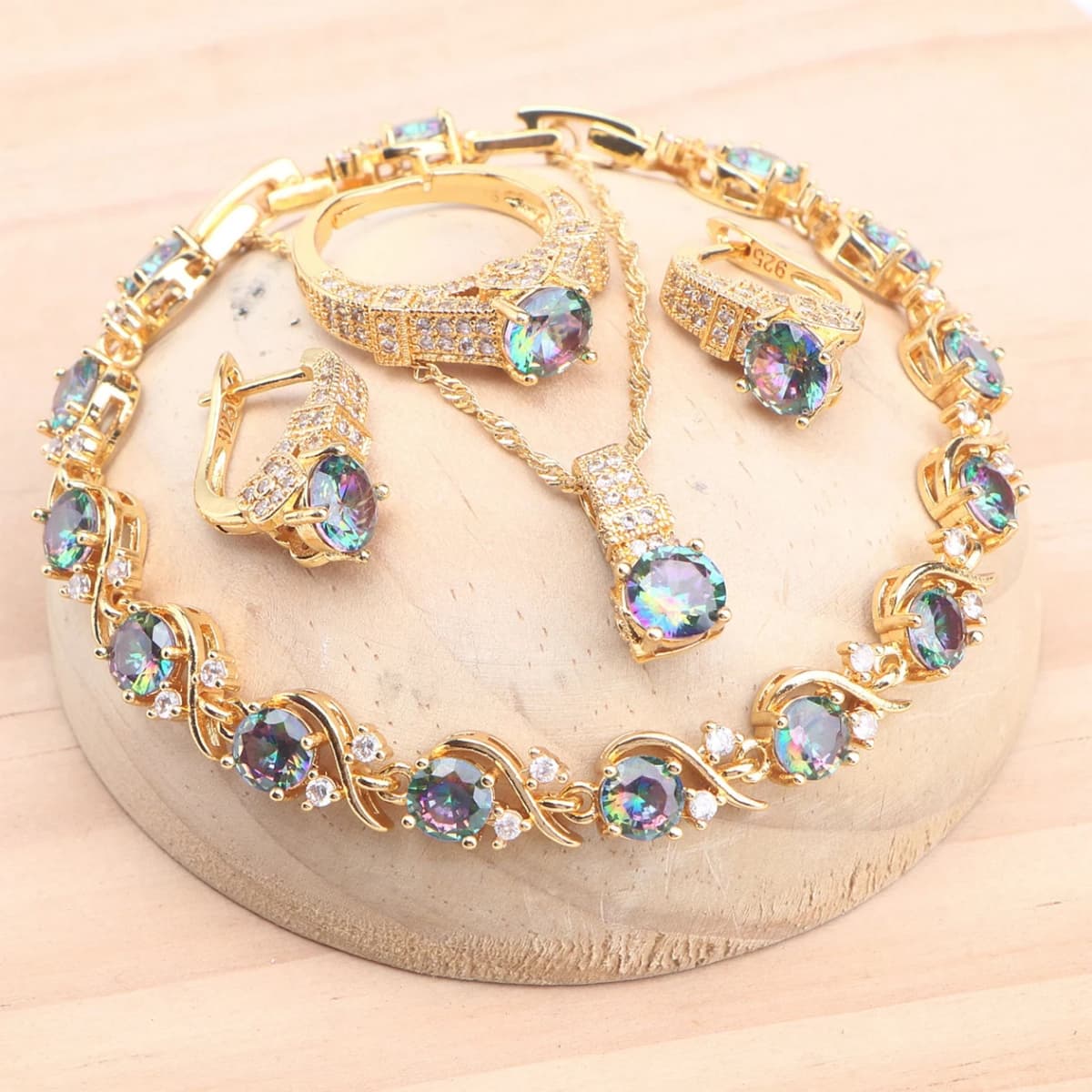 925 Silver Jewelry Sets For Women Magic Rainbow Zircon Gold Color Wedding Earrings Stones Bracelets Rings Pendant Necklace Set