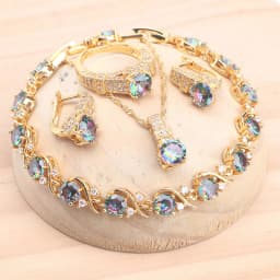 925 Silver Jewelry Sets For Women Magic Rainbow Zircon Gold Color Wedding Earrings Stones Bracelets Rings Pendant Necklace Set