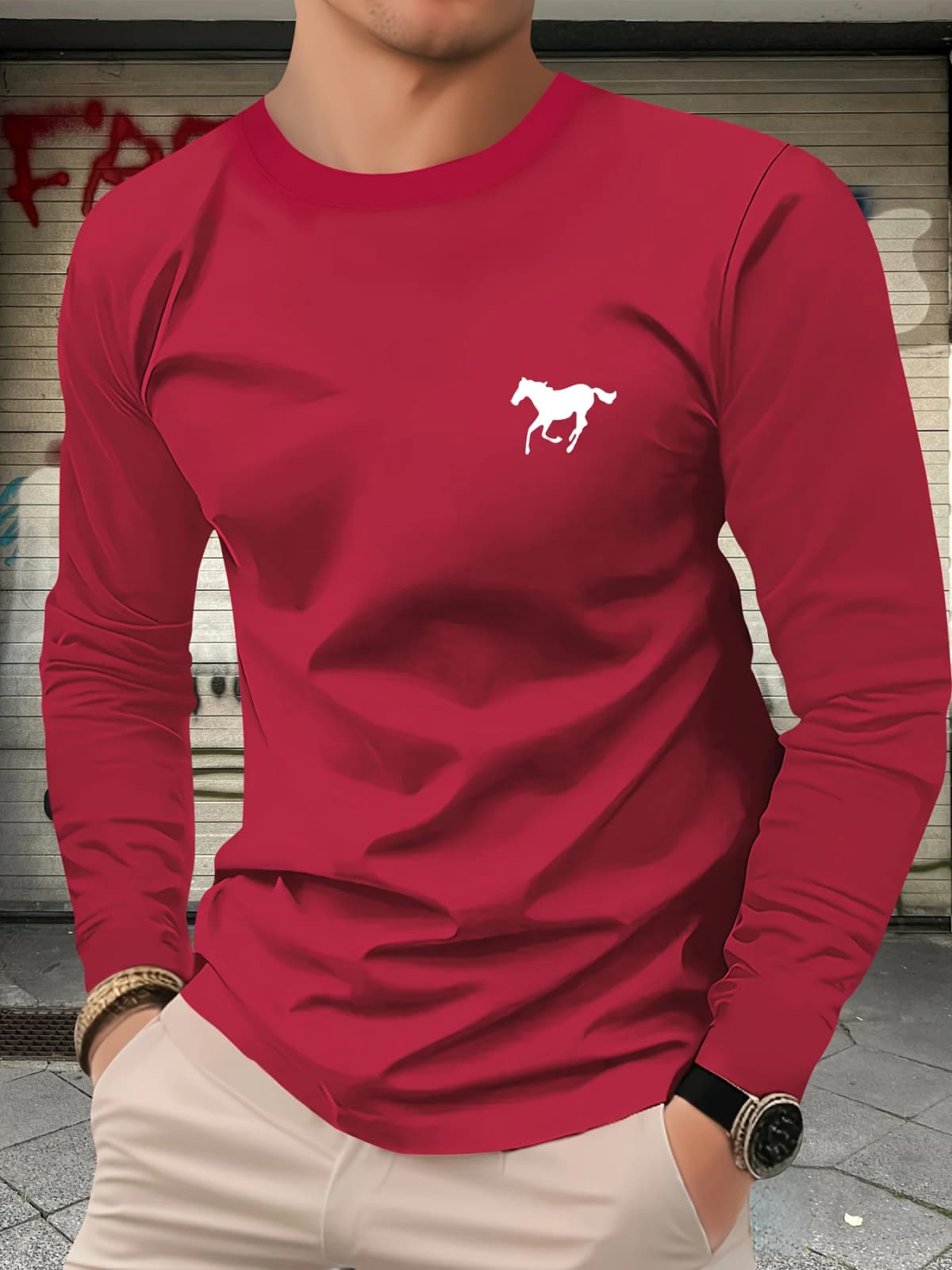 Men's 100% pure cotton loose and comfortable casual sports trend horse pattern printed round neck long sleeved T-shirt top
