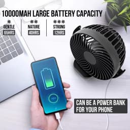 Portable camping fan with rechargeable 10000mAh battery, three-speed, 360° rotation, with hook for remote control