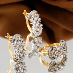 Shiny inlaid zircon earrings ring for women retro fashion jewelry copper plated 14K gold luxury banquet holiday gift jewelry set