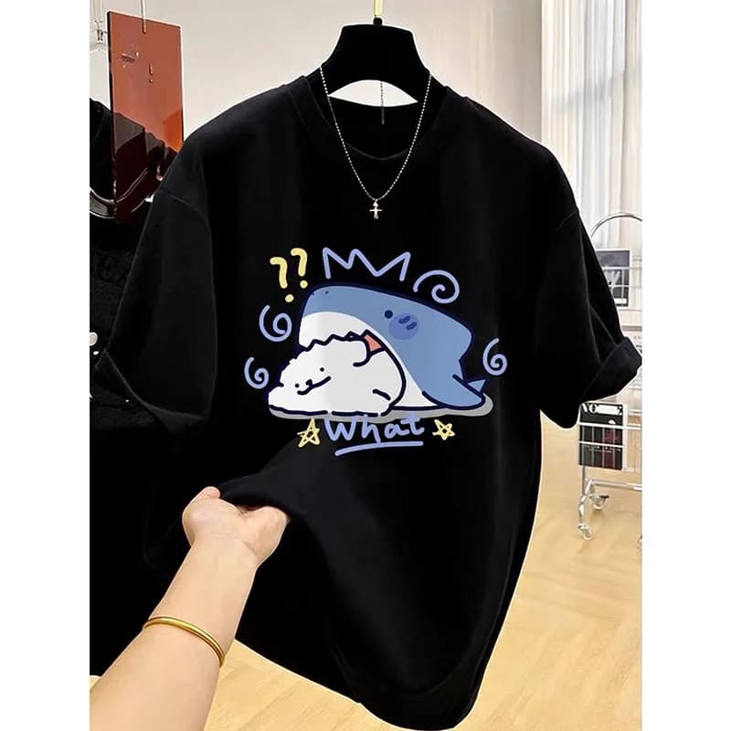 Women's Clothing Shark Printed Fashion Basic Short Sleeve T-shirts Summer Casual Chic Cartoon Print Top Y2k Harajuku Female Tee