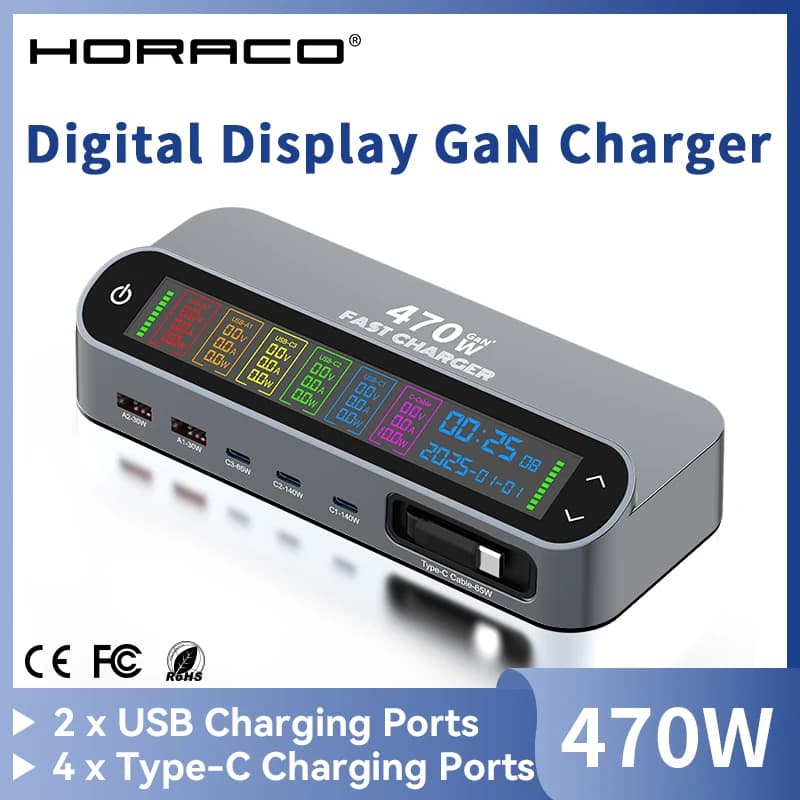 470W GaN Fast Charger 140W PD3.1 PPS USB Type-C Digital Display Desktop Charging Station for iPhone 16/15 MacBook Laptops