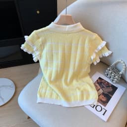 Summer New Women's Fashion Contrast Color Ruffle Stripe Turn Down Collar Short Sleeve Knit Top Casual Polo Shirt