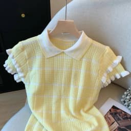 Summer New Women's Fashion Contrast Color Ruffle Stripe Turn Down Collar Short Sleeve Knit Top Casual Polo Shirt
