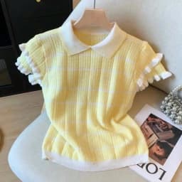 Summer New Women's Fashion Contrast Color Ruffle Stripe Turn Down Collar Short Sleeve Knit Top Casual Polo Shirt
