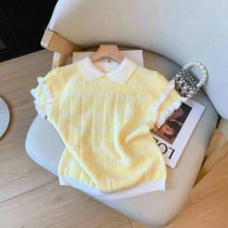 Summer New Women's Fashion Contrast Color Ruffle Stripe Turn Down Collar Short Sleeve Knit Top Casual Polo Shirt