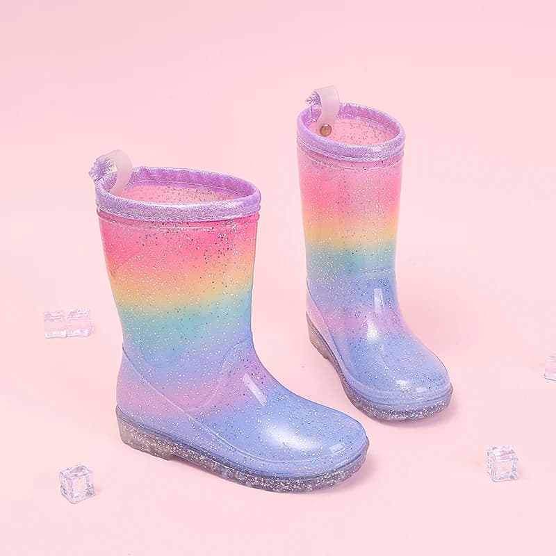 Four Seasons Cute Girls Rain Boots Rainbow Gradient Glitter Waterproof Non-Slip Toddler Kids Outdoor Rainy Day Shoes