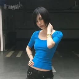 Tonngirls Aesthetic 2000s T-shirt Women Half Sleeve Slim Crop Tops Y2k Fairycore Vintage Tops Streetwear Square Collar Tshirts