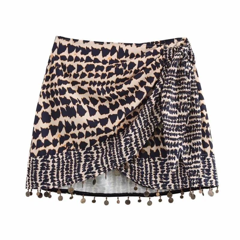 2026 Sexy Leopard Print Mini Skirt Women Asymmetrical Tie Waist Metal Fringe Hem Skirt for Party Street Wear