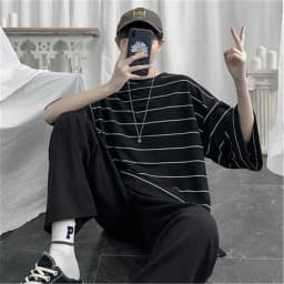 2026 Summer Oversized T-Shirt Men Funny Harajuku Tshirt Streetwear Femme Striped Japan Hip Hop Loose Half Sleeve T Shirts Male