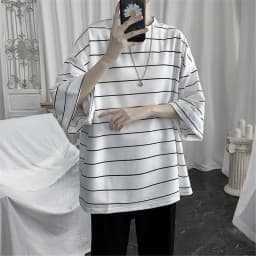 2026 Summer Oversized T-Shirt Men Funny Harajuku Tshirt Streetwear Femme Striped Japan Hip Hop Loose Half Sleeve T Shirts Male