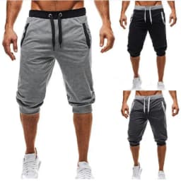 2026 New Solid Color Capri Pants Elastic Waist Men Drawstring 3/4 Length Cropped Trousers Sweatpants