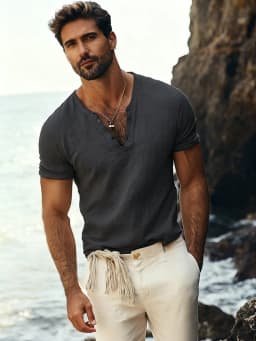 Elegant Black Henley Short-Sleeve T-Shirt for Men – Luxe Cotton Blend, Minimalist Button Placket, Breathable Silhouette, Timele