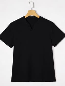 Elegant Black Henley Short-Sleeve T-Shirt for Men – Luxe Cotton Blend, Minimalist Button Placket, Breathable Silhouette, Timele