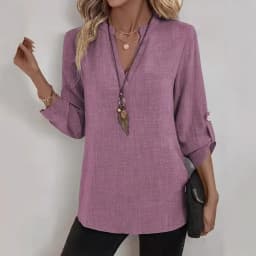 Spring and Summer New Shirts Women's Loose Large Size V-neck Solid Color Shirt Loose Top Long Sleeve Shirt