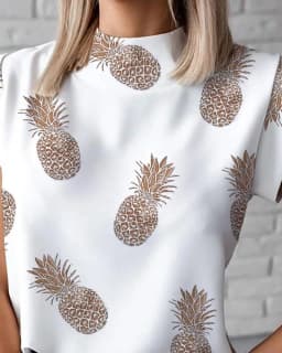 Women's Abstract Face Print Sleeveless Stand Collar Blouse with Button Front for Summer Fashion