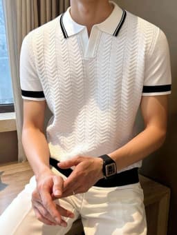 Summefashion Patchwork Knitted Polo Shirts Men Business Casual Turn Down Collar Knit Polos Male Vintage Short Sleeve Tees Tops