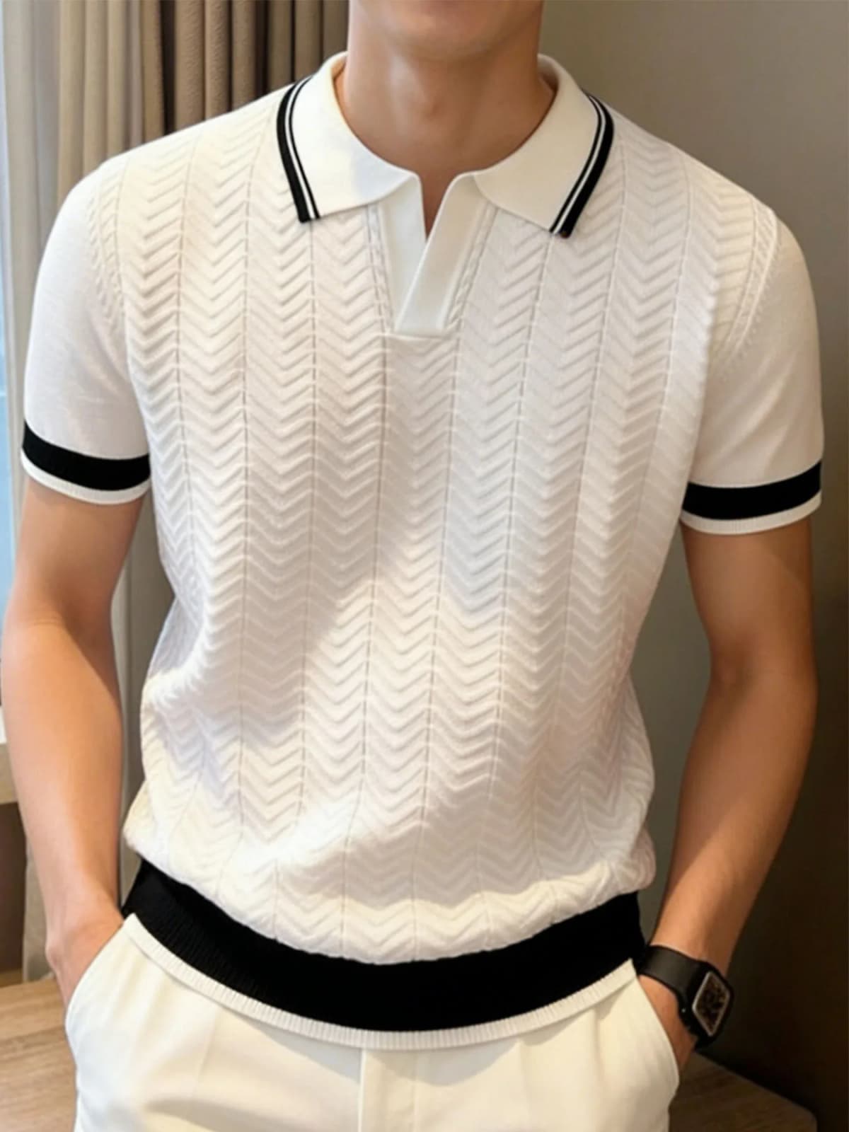 Summefashion Patchwork Knitted Polo Shirts Men Business Casual Turn Down Collar Knit Polos Male Vintage Short Sleeve Tees Tops