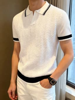 Summefashion Patchwork Knitted Polo Shirts Men Business Casual Turn Down Collar Knit Polos Male Vintage Short Sleeve Tees Tops