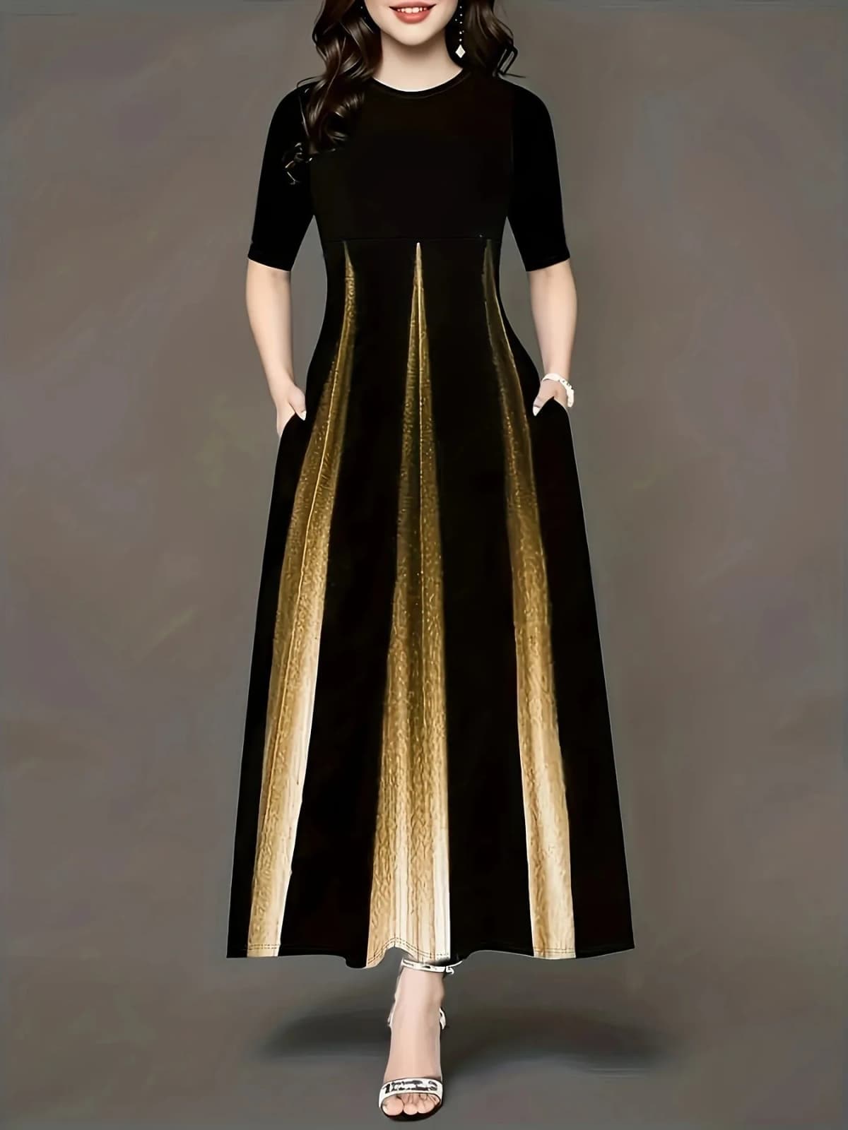 Large size summer round neck temperament socialite print gradient plus size long skirt for women