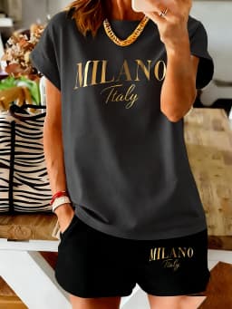Milan Letter Print Women's Set - Short Sleeve and Shorts - Casual and Comfortable Women's Fashion Trend