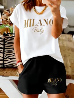 Milan Letter Print Women's Set - Short Sleeve and Shorts - Casual and Comfortable Women's Fashion Trend
