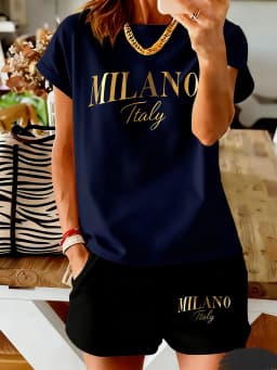 Milan Letter Print Women's Set - Short Sleeve and Shorts - Casual and Comfortable Women's Fashion Trend
