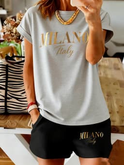 Milan Letter Print Women's Set - Short Sleeve and Shorts - Casual and Comfortable Women's Fashion Trend