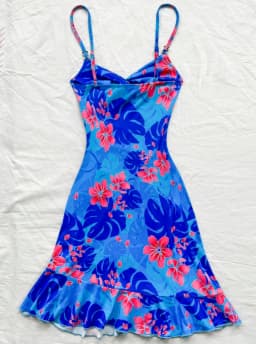 Women's Cami Mini Dress Blue Tropical Floral Print Spaghetti Strap Ruched Ruffle Hem Bodycon Summer Beach Party Mini Dress