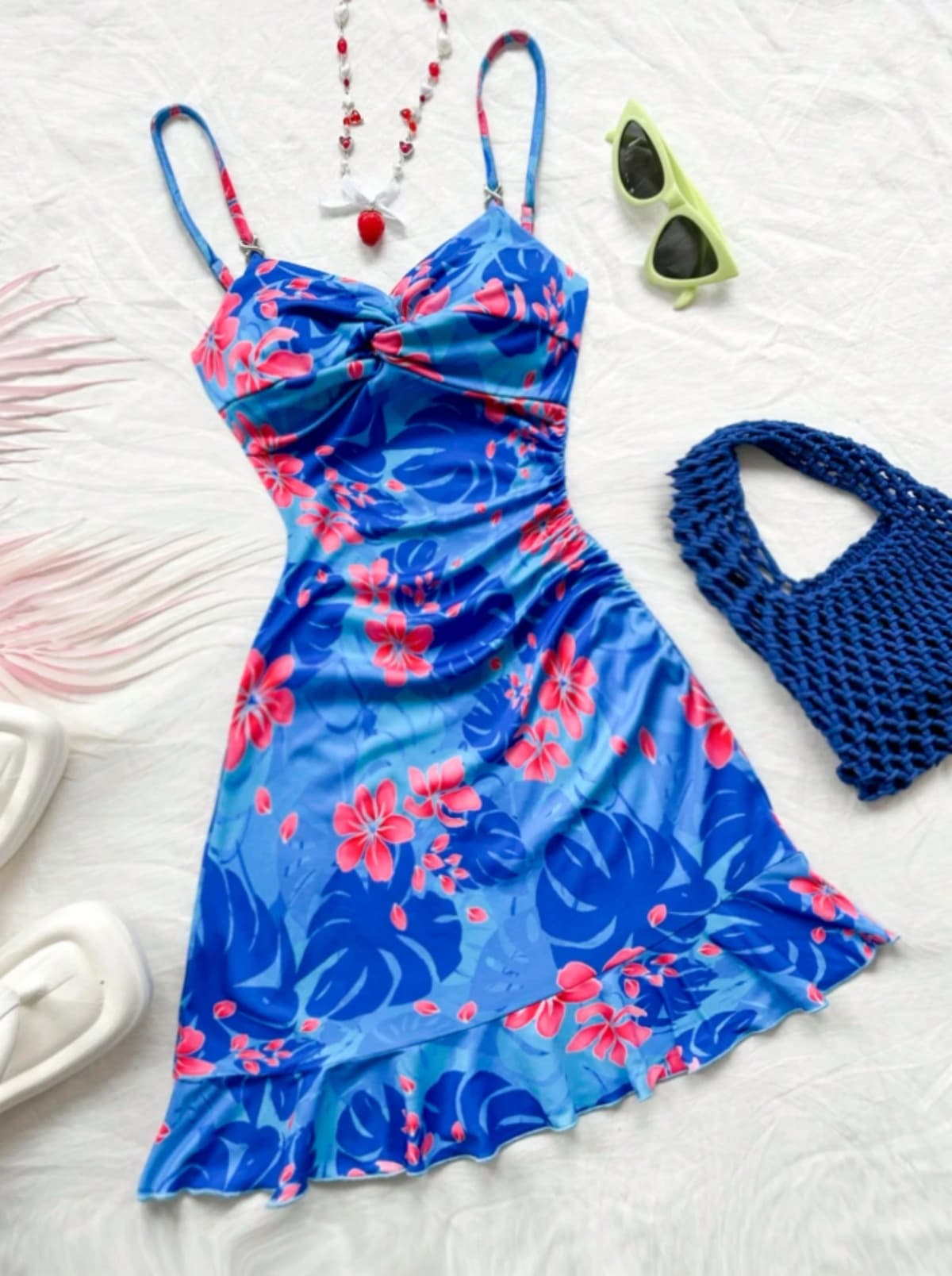 Women's Cami Mini Dress Blue Tropical Floral Print Spaghetti Strap Ruched Ruffle Hem Bodycon Summer Beach Party Mini Dress