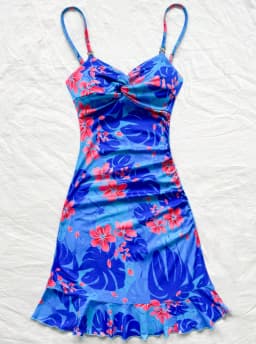 Women's Cami Mini Dress Blue Tropical Floral Print Spaghetti Strap Ruched Ruffle Hem Bodycon Summer Beach Party Mini Dress