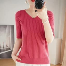 Summer New Loose Women's Wool Knitted V-ne ort Sve T-irt Spring Autumn Base irt Top Comfortable Breathable