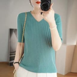 Summer New Loose Women's Wool Knitted V-ne ort Sve T-irt Spring Autumn Base irt Top Comfortable Breathable