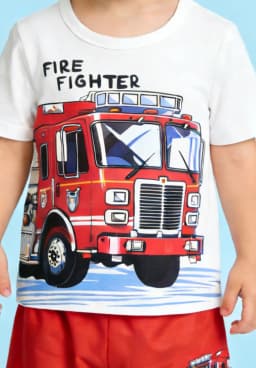 Summer New Arrival Boys White Red Color Block Fire Truck Print Short Sleeve Shorts Set