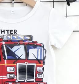 Summer New Arrival Boys White Red Color Block Fire Truck Print Short Sleeve Shorts Set