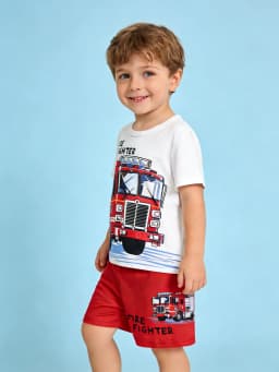 Summer New Arrival Boys White Red Color Block Fire Truck Print Short Sleeve Shorts Set