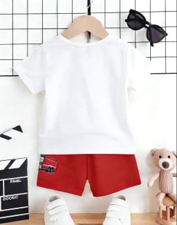 Summer New Arrival Boys White Red Color Block Fire Truck Print Short Sleeve Shorts Set