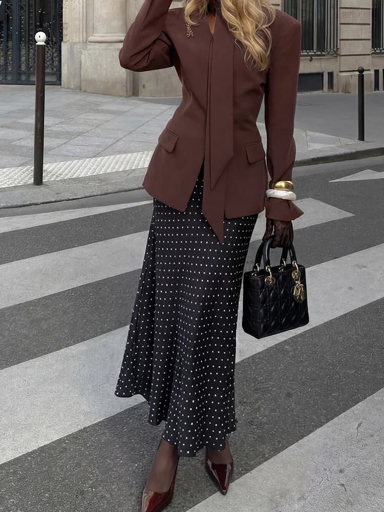 HH Spring Summer Women's Elegant Polka Dot Print Silk Satin Texture Skirt 2026 Fashion Female Slim High Waist Party Midi Skirt