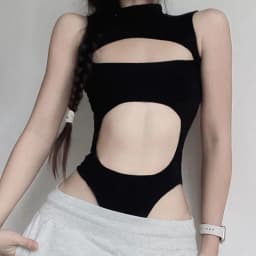 Sexy hollow out exposed navel women's jumpsuit, slim fit backless high neck sleeveless black jumpsuit