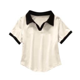 2026 Spring Summer Sexy Crop Tops Women's Color Block V-Neck Short Sleeve Polo Shirt Chic Slim Fit Versatile T-Shirt