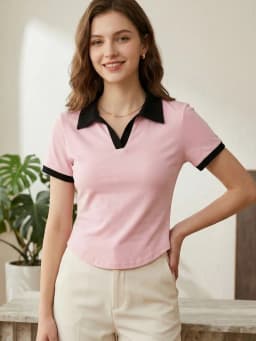 2026 Spring Summer Sexy Crop Tops Women's Color Block V-Neck Short Sleeve Polo Shirt Chic Slim Fit Versatile T-Shirt